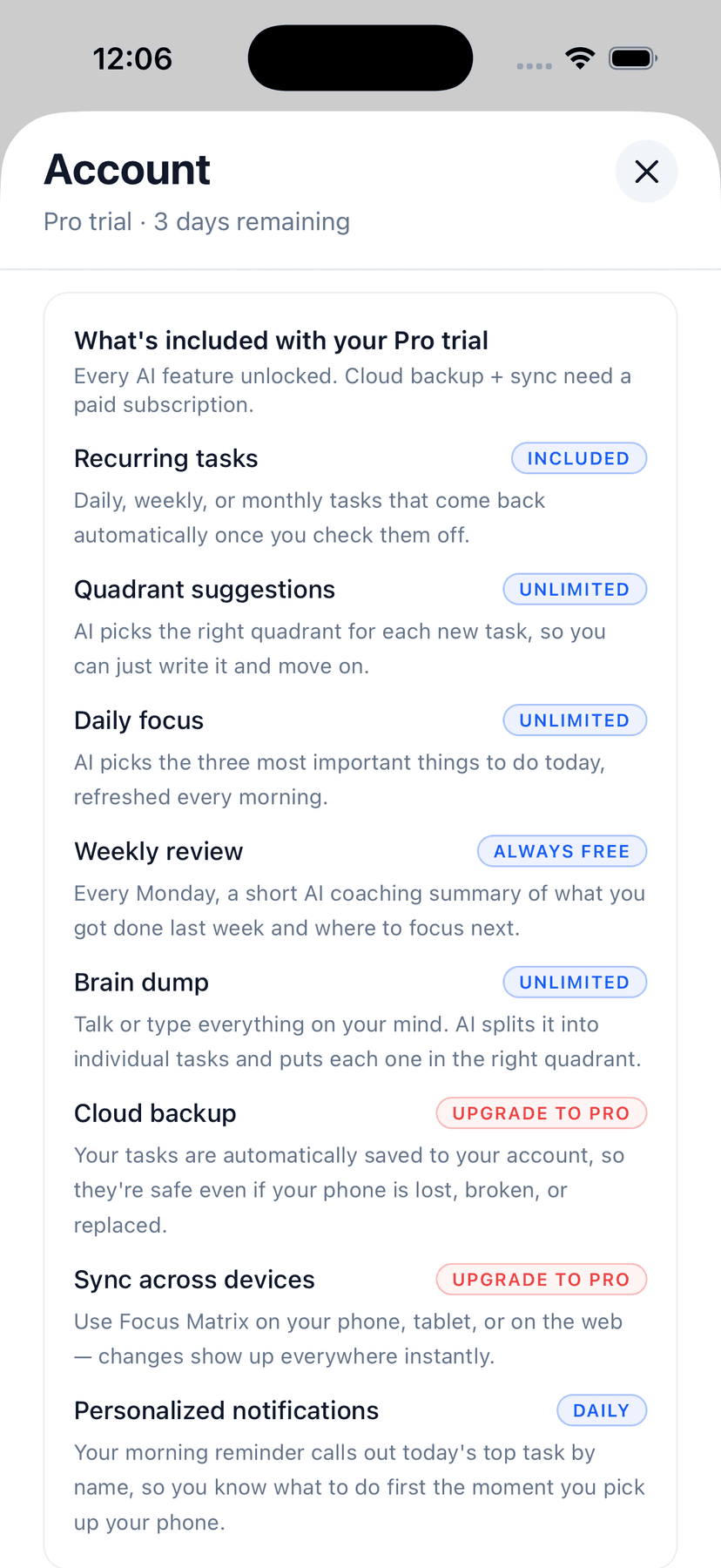 Glento Account screen during the Pro trial, showing which AI features are included and which (cloud backup, sync across devices) require an active Pro subscription