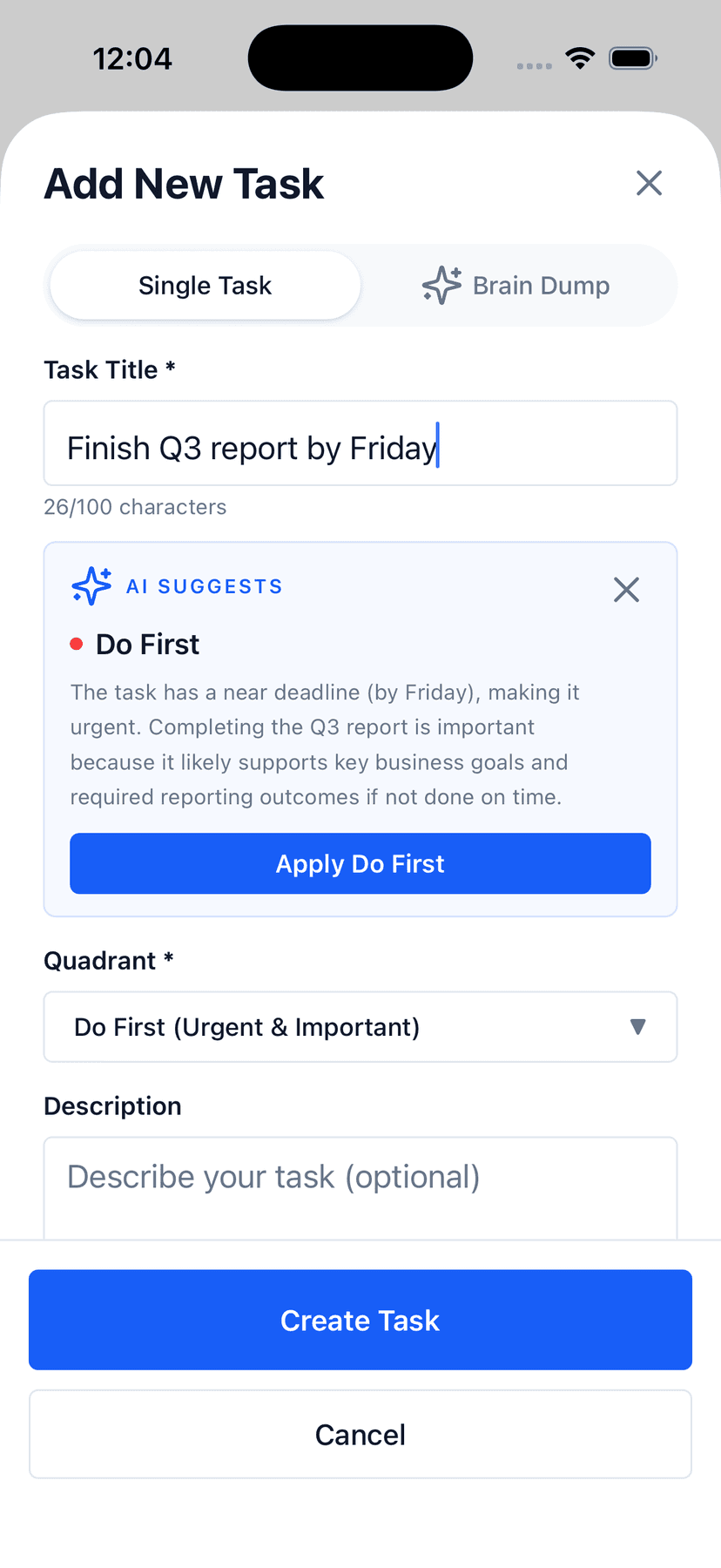 Glento task creation modal showing AI suggestion box with quadrant pick and reasoning