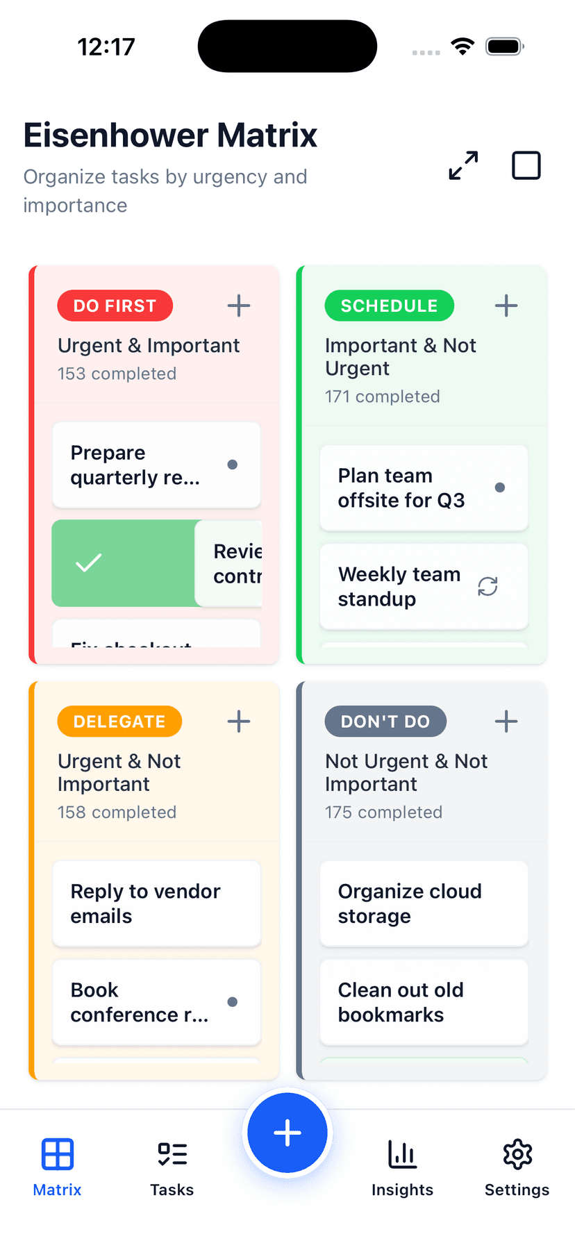 Glento app showing the four-quadrant Eisenhower Matrix populated with work tasks across Do First, Schedule, Delegate, and Don't Do, with a swipe-to-complete gesture visible